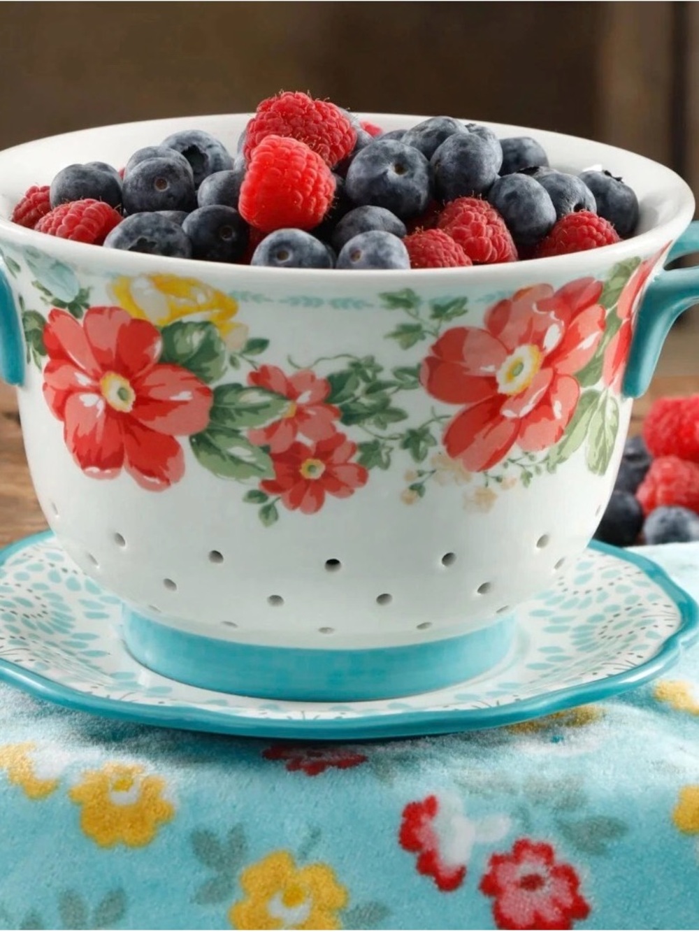 Floral Ceramic Berry Colander with Saucer - Red & Turquoise